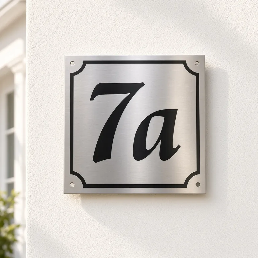 Hausnummernschild „7a“ aus Edelstahl an einer hellen Hauswand