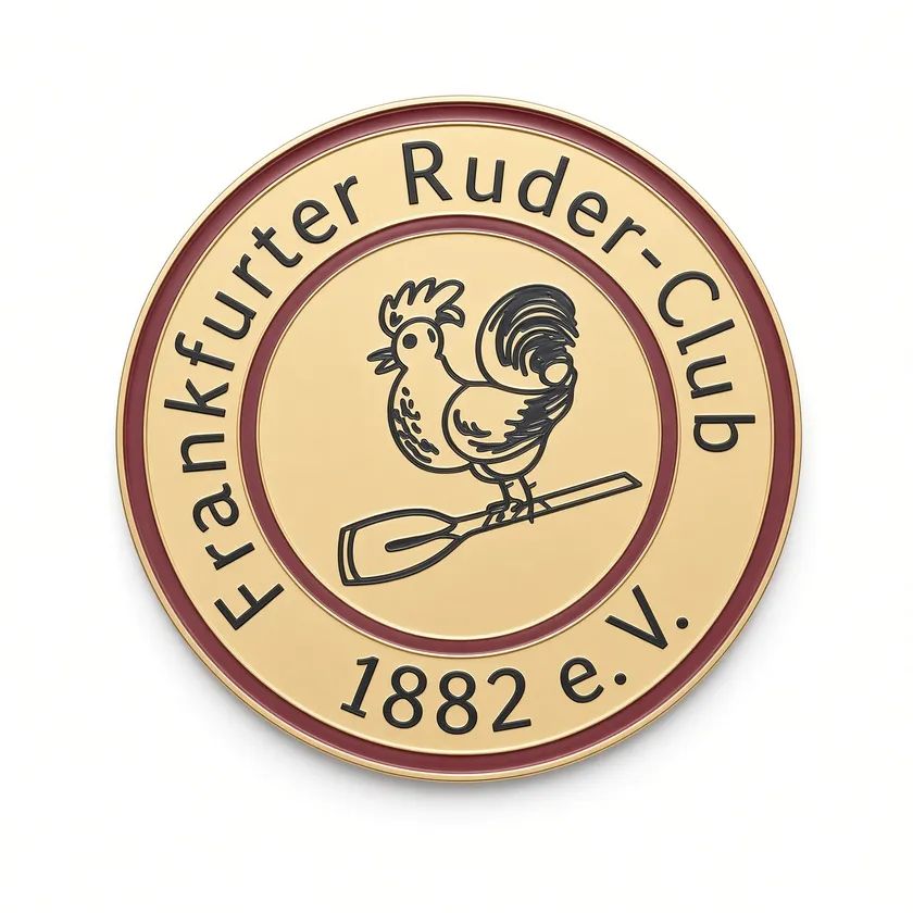 Runde Vereinsplakette des Frankfurter Ruder-Clubs 1882 in Gold und Weinrot