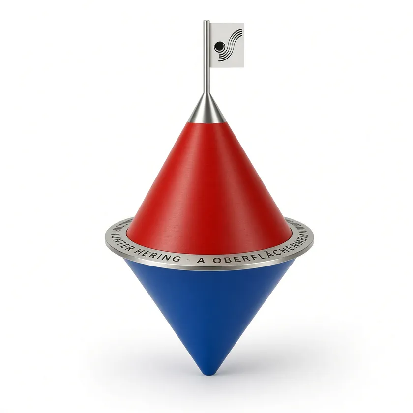 Trophäe in Form einer rot-blauen Boje mit graviertem Metallring