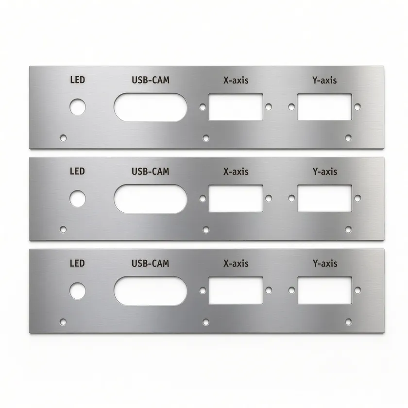 Drei gefräste Aluminium-Frontplatten mit Ausschnitten und Beschriftung