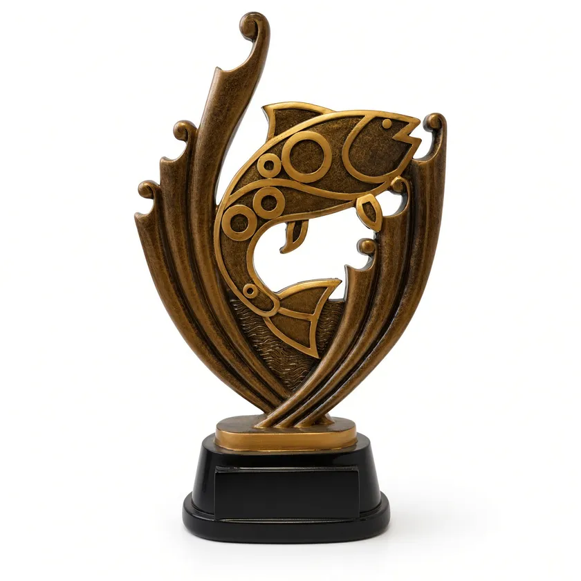 Bronzefarbene Angler-Trophäe mit springendem Fisch auf schwarzem Sockel