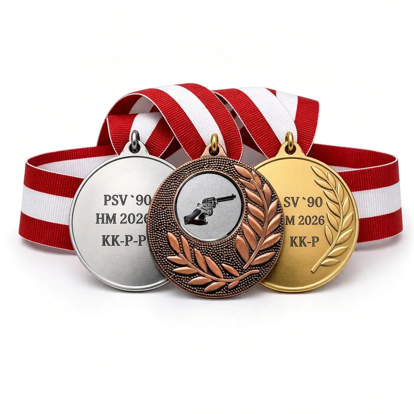 Medaillen in Gold, Silber und Bronze mit Gravur an rot-weißen Bändern